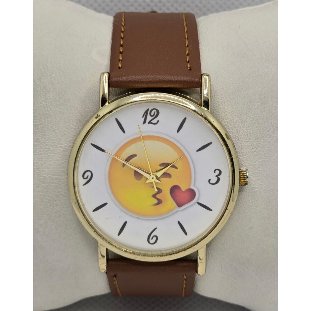 Women's Neutral Cute Emoticon Expression Gold Tone Case Leather Strap Watch 02